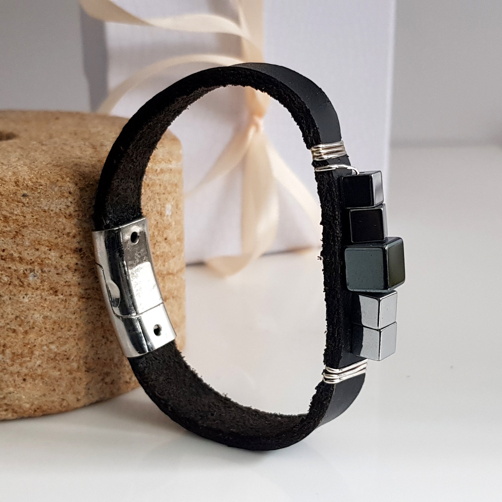 Black Leather & Haematite Band Bracelet Large