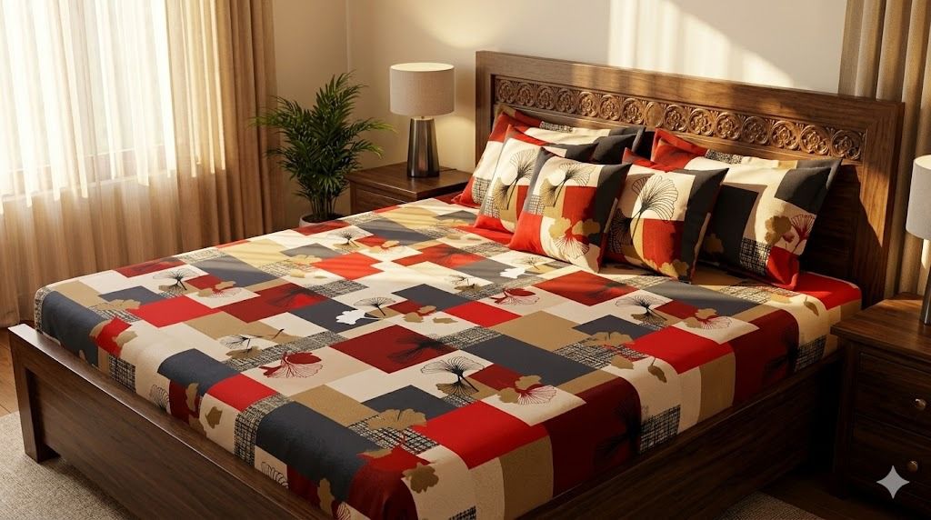Abstract Printed Double Bed Bedsheet with Pillow Covers