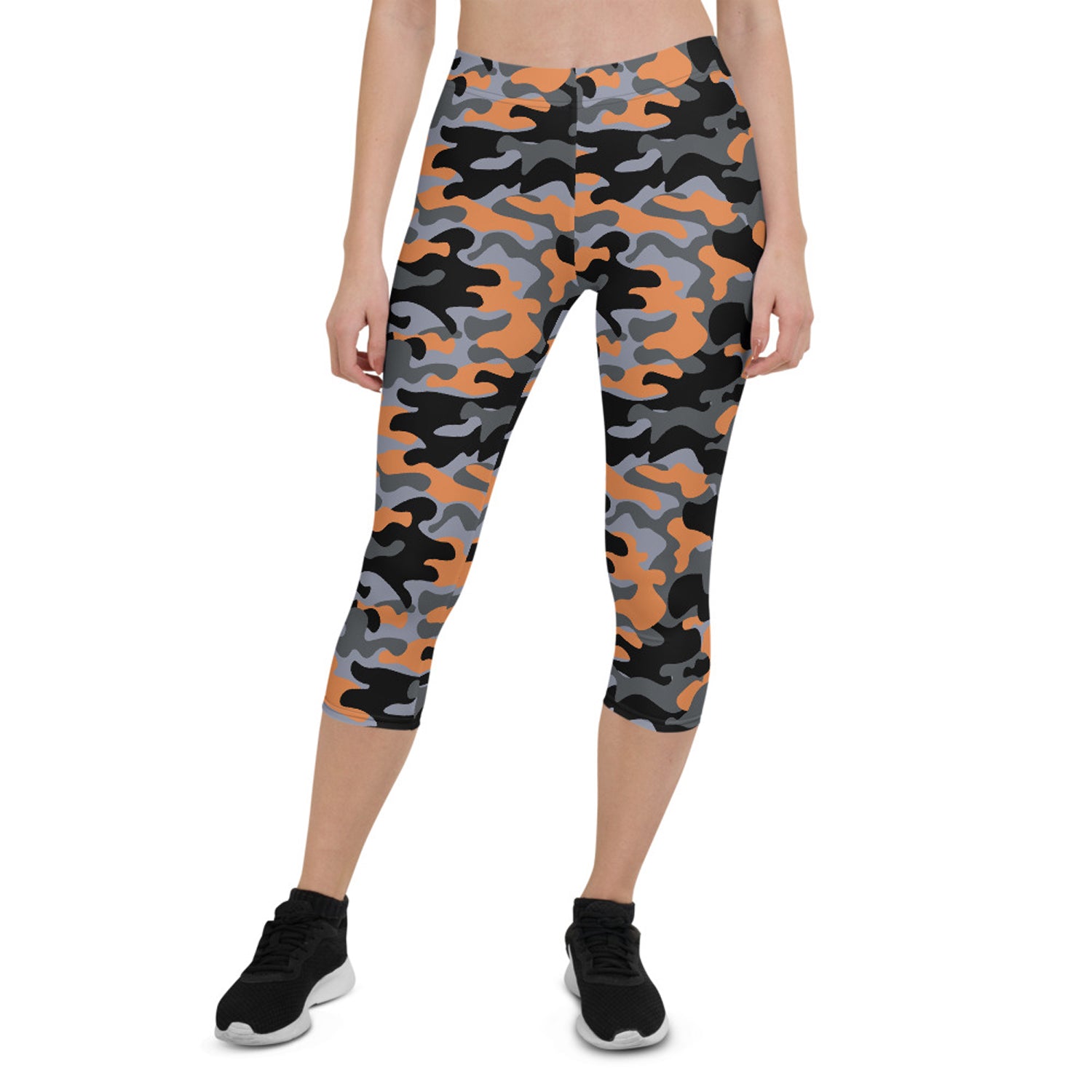 Orange and gray camo capri leggings for women by Maroon Sooty, activewear with a fitted, stylish design.