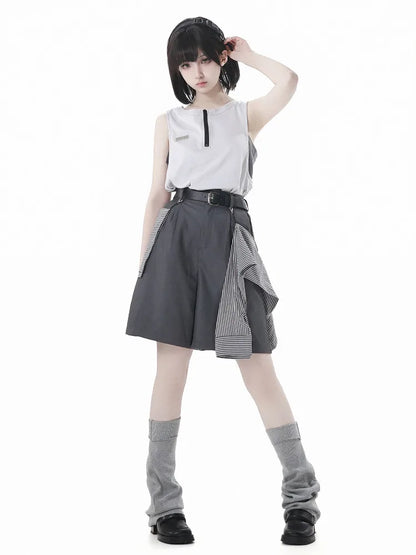 Neutral Design Vest Hooded Jacket Apricot Gray Casual Suit Summer Daily Versatile Casual Hooded Short-sleeved Jacket Shorts Suit
