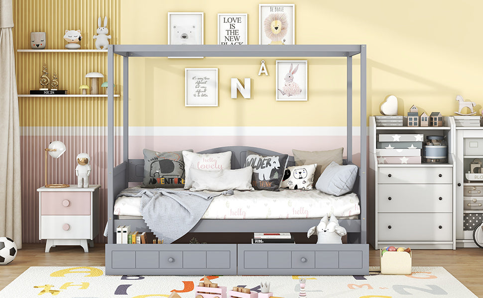 Twin Size Canopy Day Bed with 2 Drawers, Canopy Bed Frame for Bedroom