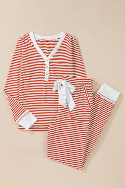 Byzantium Bay Christmas stripe lounge set with matching top and pants, festive red and green holiday-themed sleepwear.