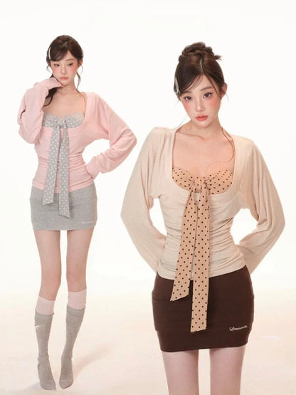 Y2K Two Piece Set: Sexy Pleated Top & Polka Dot Strapless Vest, Fairy Grunge Suit