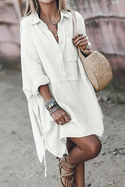 Half Button Pocketed Linen Casual Mini Dress