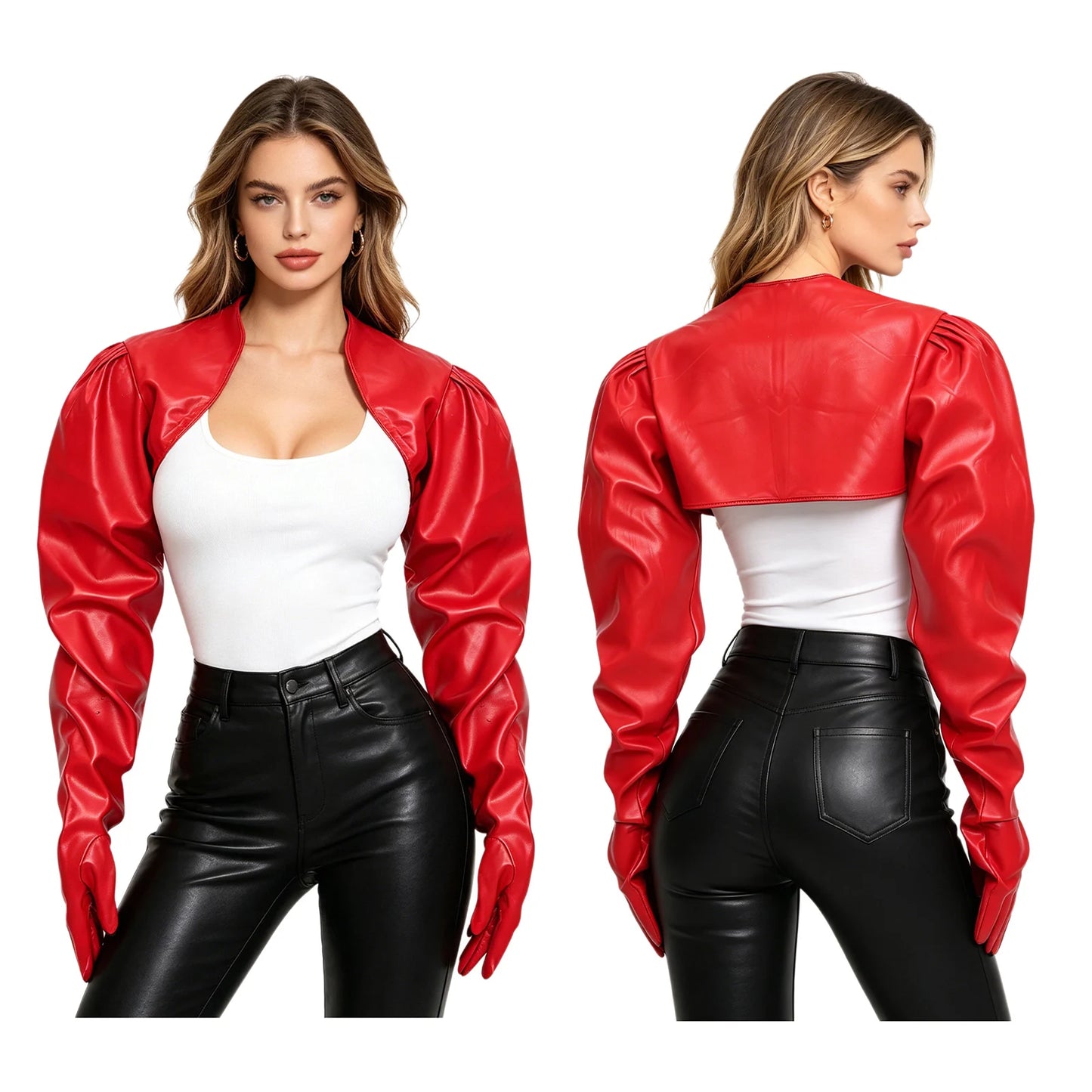 Womens Wet Look PU Leather Cardigan Crop Jacket Puff Loose Long Sleeve Open Front Coat Shrug Shawls with Gloves Party Clubwear