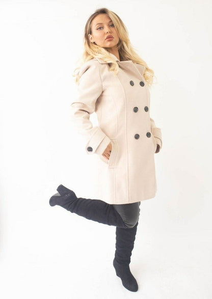 Women’s wool feel double-breasted hooded coat by Rose Eleusis, beige winter jacket with large lapels and front pockets.