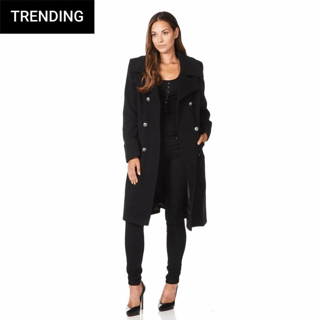 Black Wool Blend Double Breasted Midi Coat for women by Rose Eleusis, featuring classic lapels and button closure.