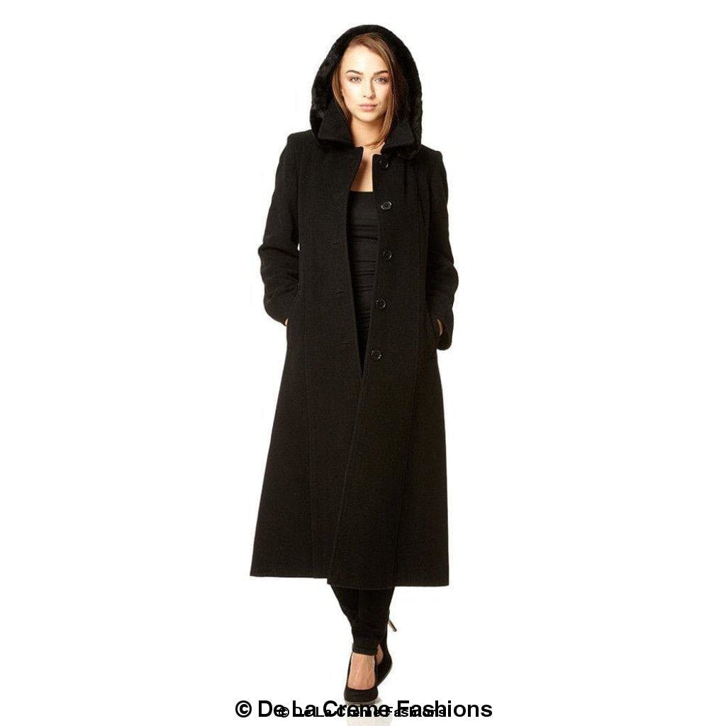 Wool Feel Faux Fur Trim Hooded Long Coat