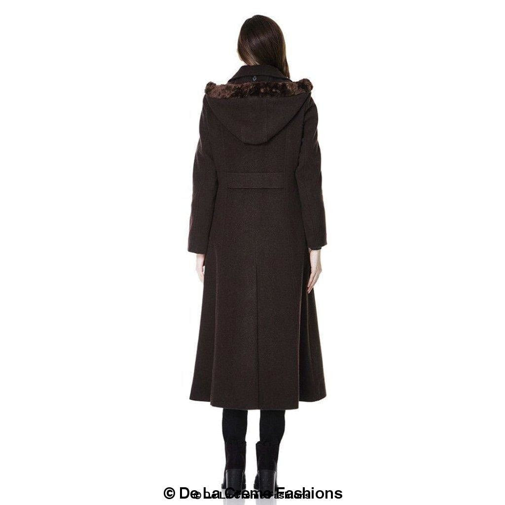 Wool Feel Faux Fur Trim Hooded Long Coat