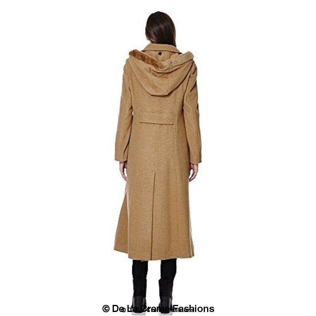Wool Feel Faux Fur Trim Hooded Long Coat