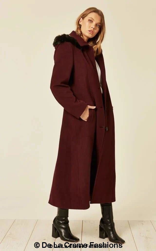 Wool Feel Faux Fur Trim Hooded Long Coat