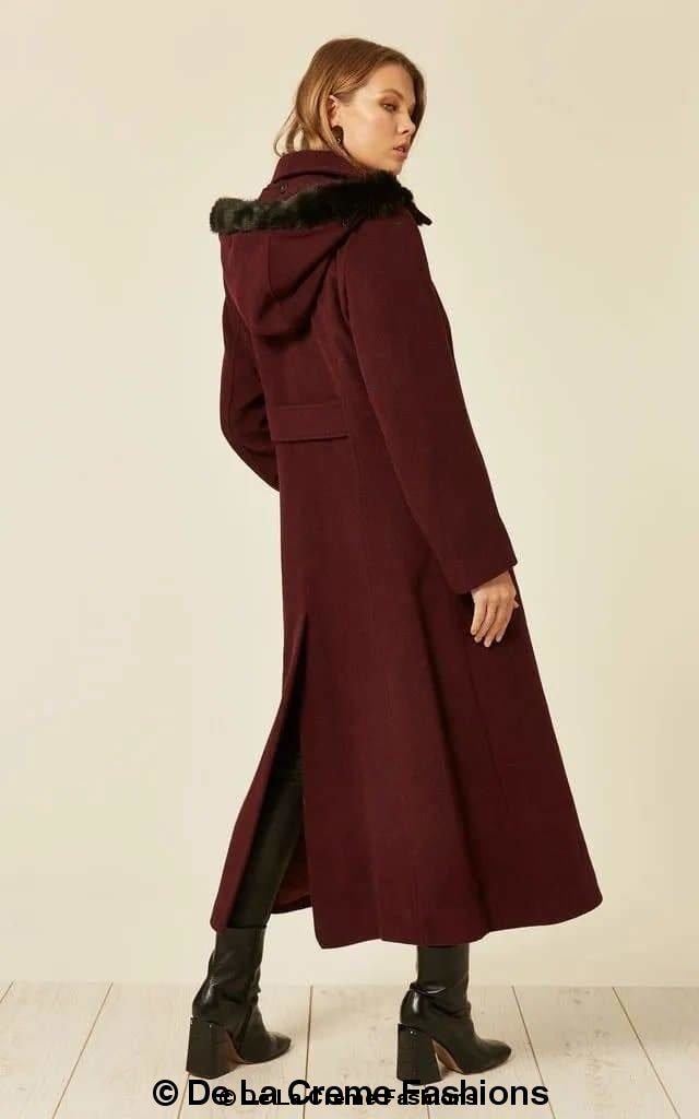 Wool Feel Faux Fur Trim Hooded Long Coat