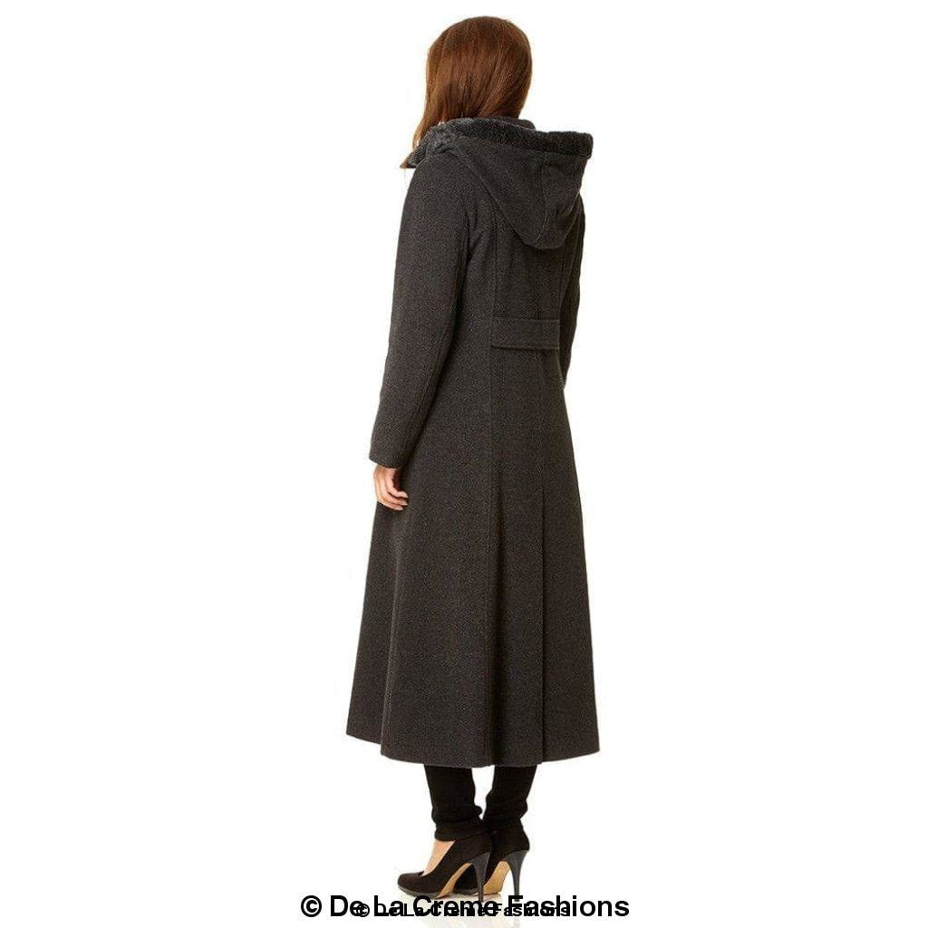 Wool Feel Faux Fur Trim Hooded Long Coat