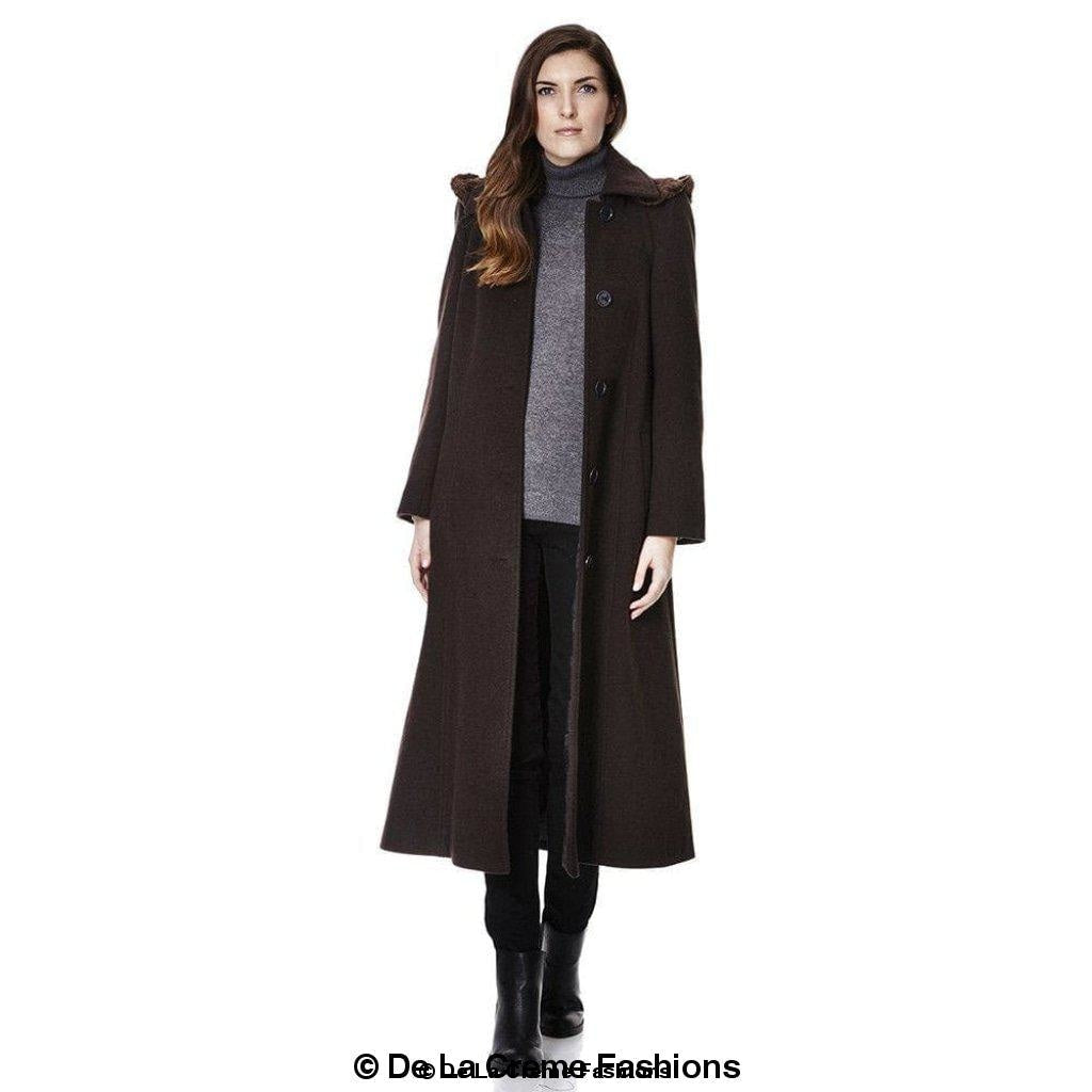 Wool Feel Faux Fur Trim Hooded Long Coat