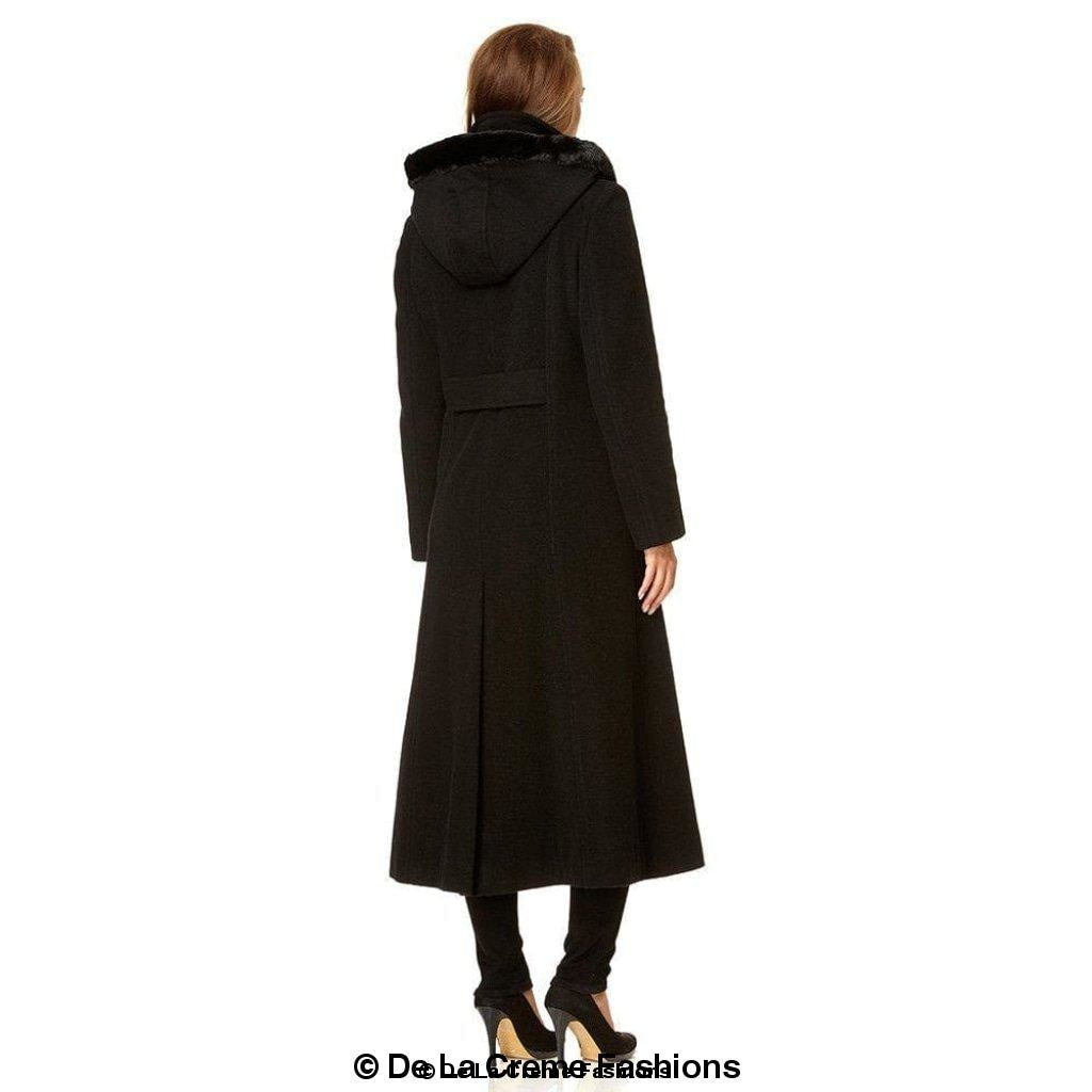 Wool Feel Faux Fur Trim Hooded Long Coat