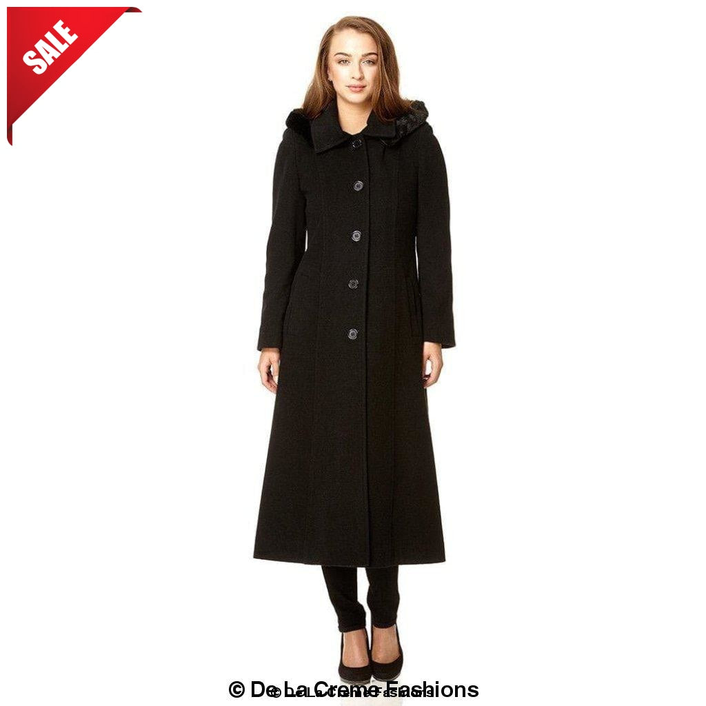 Wool Feel Faux Fur Trim Hooded Long Coat