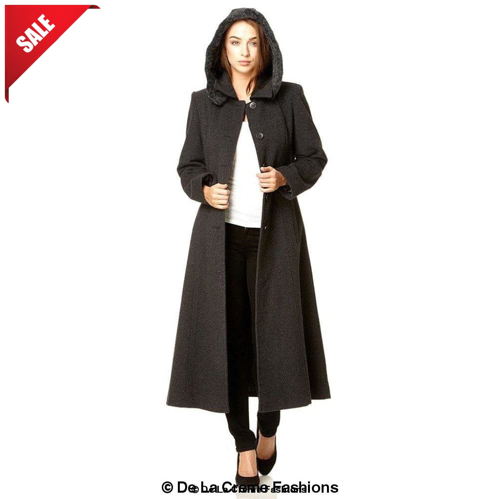Wool Feel Faux Fur Trim Hooded Long Coat