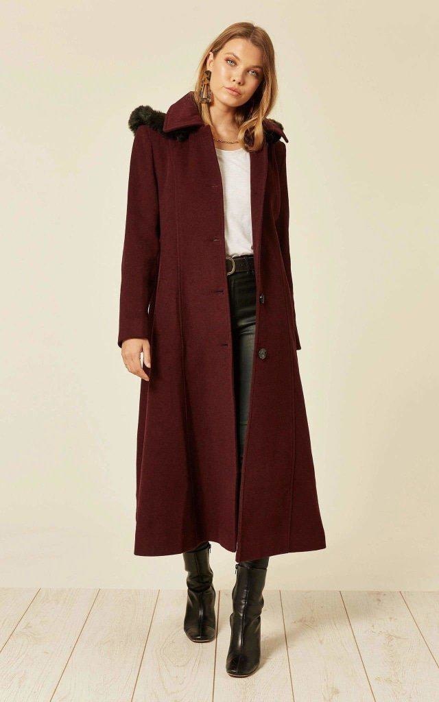 Wool Feel Faux Fur Trim Hooded Long Coat