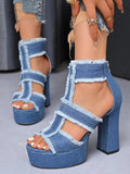 Denim Platform Block Heel Sandals : With Frayed Edge Detail