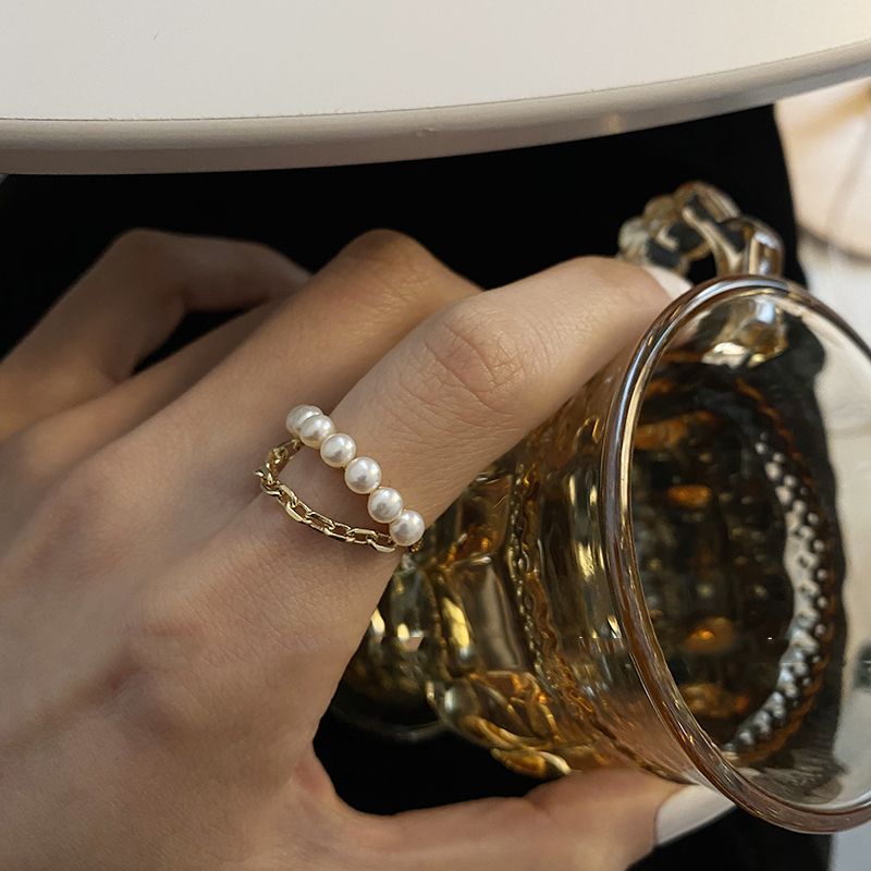 Neo Gothic Design Pearl Chain Gold Color Opening Rings For Woman&