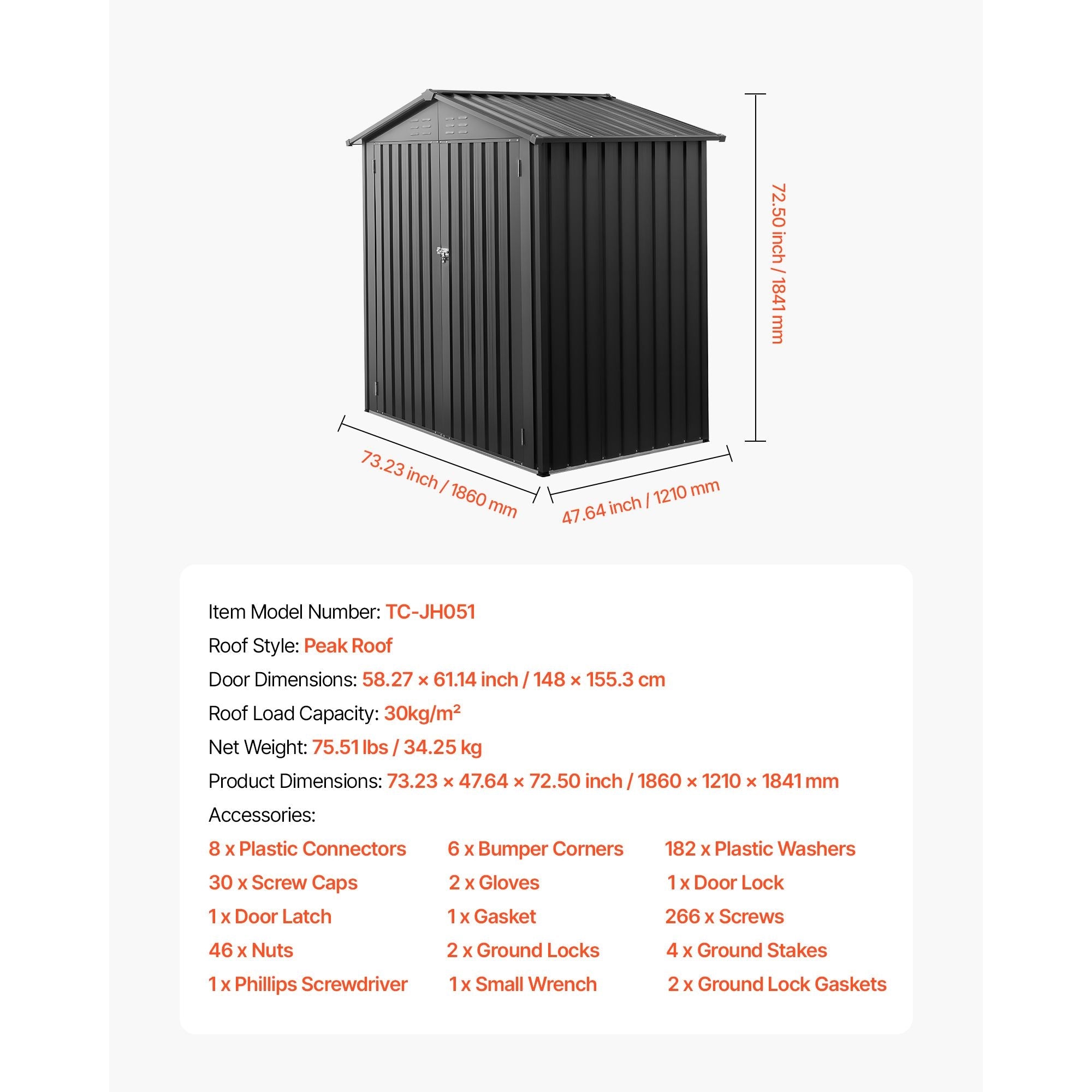 6 x 4 FT Metal Garden Shed, Outdoor Storage Shed with Lockable Doors &