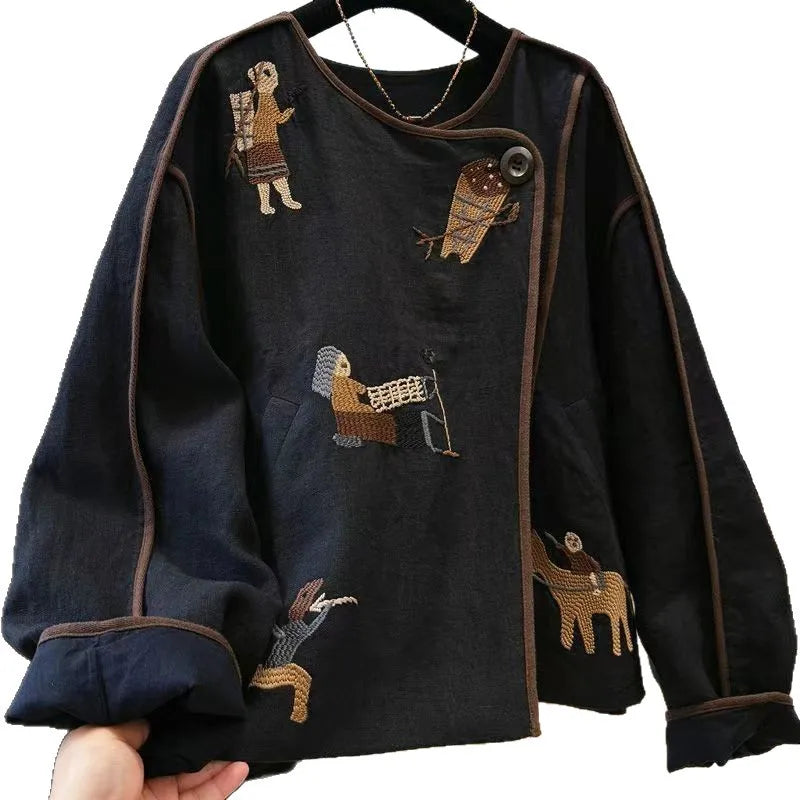Heavy Embroidery Round Neck Short For Women, Autumn New Loose Versatile Jacket Top
