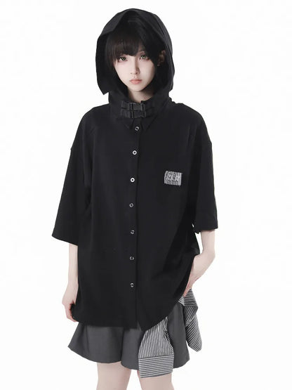 Neutral Design Vest Hooded Jacket Apricot Gray Casual Suit Summer Daily Versatile Casual Hooded Short-sleeved Jacket Shorts Suit