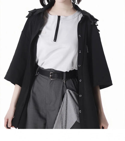 Neutral Design Vest Hooded Jacket Apricot Gray Casual Suit Summer Daily Versatile Casual Hooded Short-sleeved Jacket Shorts Suit