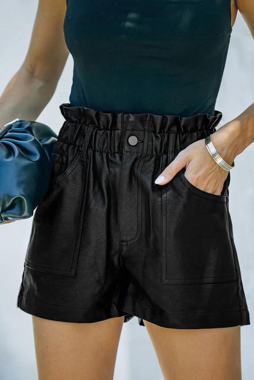 Black Faux Leather Paper Bag Waist High Rise Shorts
