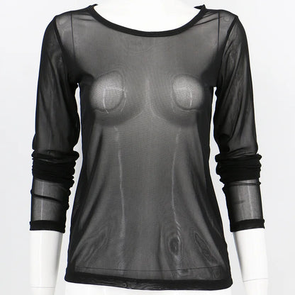 Women's Sheer Mesh Long Sleeve Top, See Through Y2K Gothic Layering Blouse, Sexy Transparent Slim Fit Top