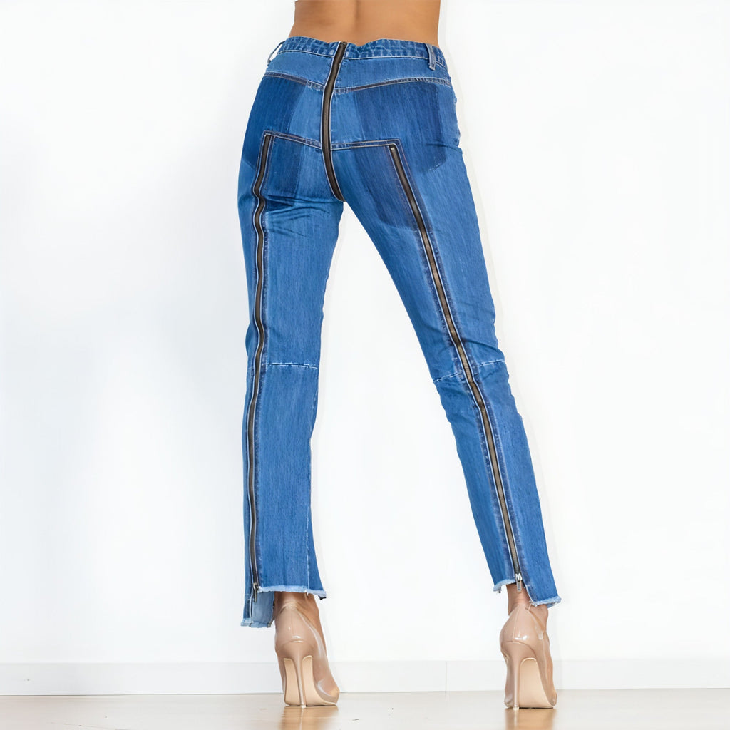 UrbanEase™ Women Zipper Jeans Women Unique Dark Blue Denim