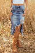 Denim Distressed Midi Skirt