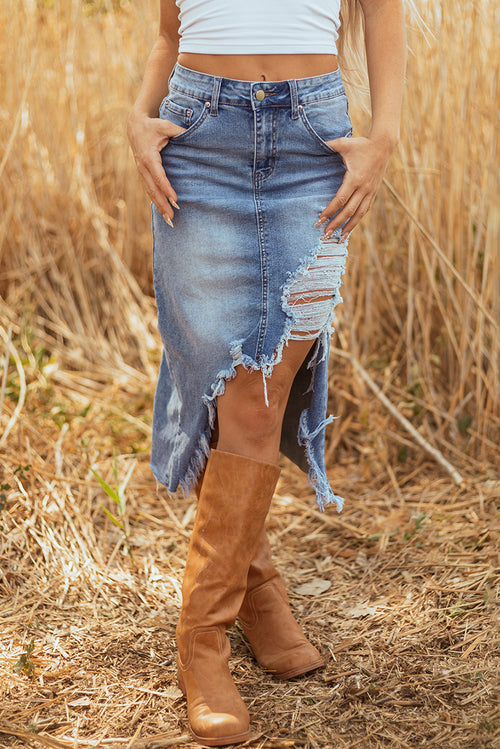 Denim Distressed Midi Skirt