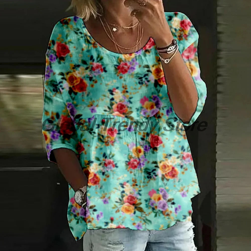 Women's Casual Floral Print 3/4 Sleeve Blouse Loose Fit Crew Neck Tunic Tops Lady's Top Shirts