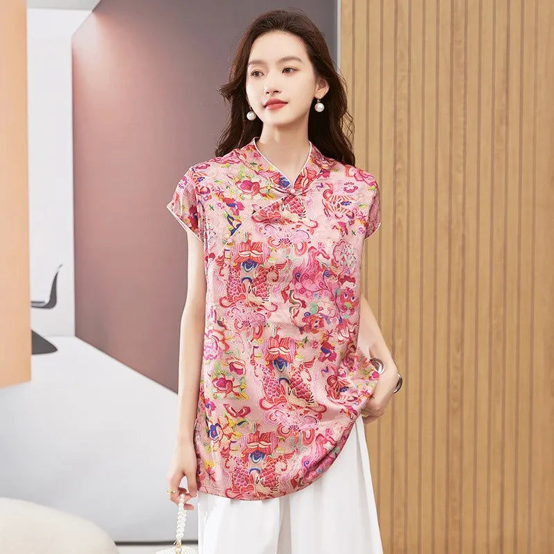 Women's Blouse Short Sleeve Round Neck Top Mandarin Collar Tunic Geometric Print Loose Fit Mid Length Gold Brown Shirt