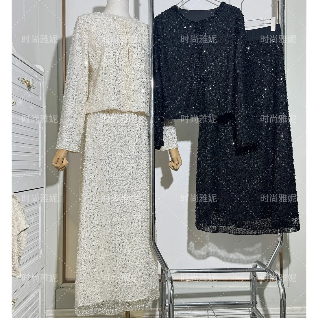 Fashion Heavy Sequin Beaded Cardigan Jacket for Women Slim Fit Bodycon Mid-Length Skirt Trendy Long Sleeve Coat