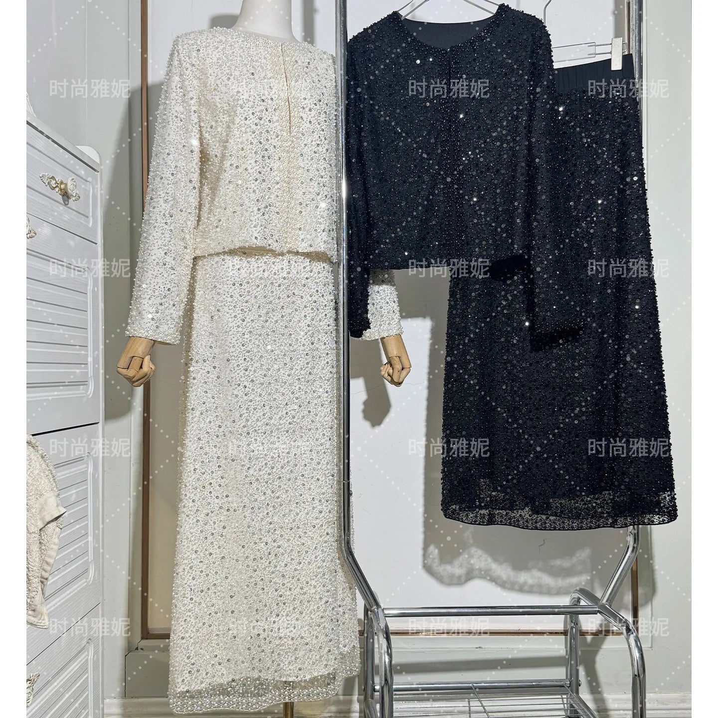 Fashion Heavy Sequin Beaded Cardigan Jacket for Women Slim Fit Bodycon Mid-Length Skirt Trendy Long Sleeve Coat