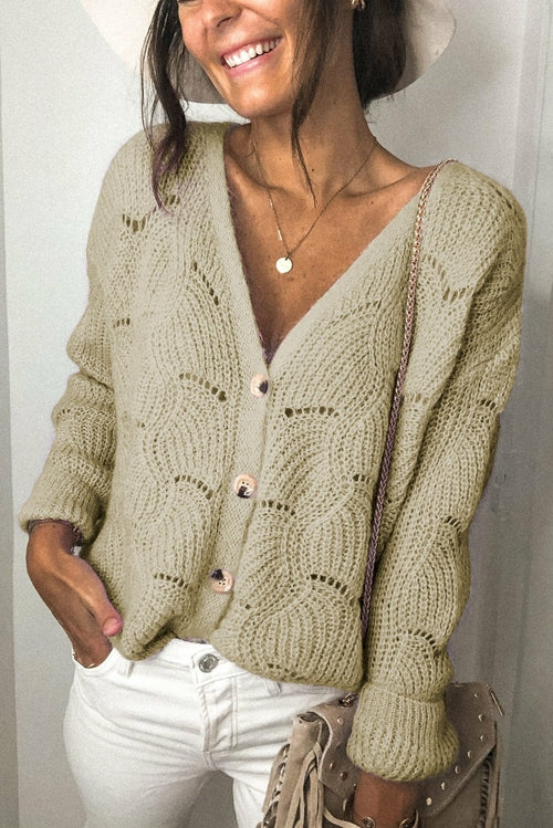 Khaki V Shaped Neckline Buttoned Knit Sweater