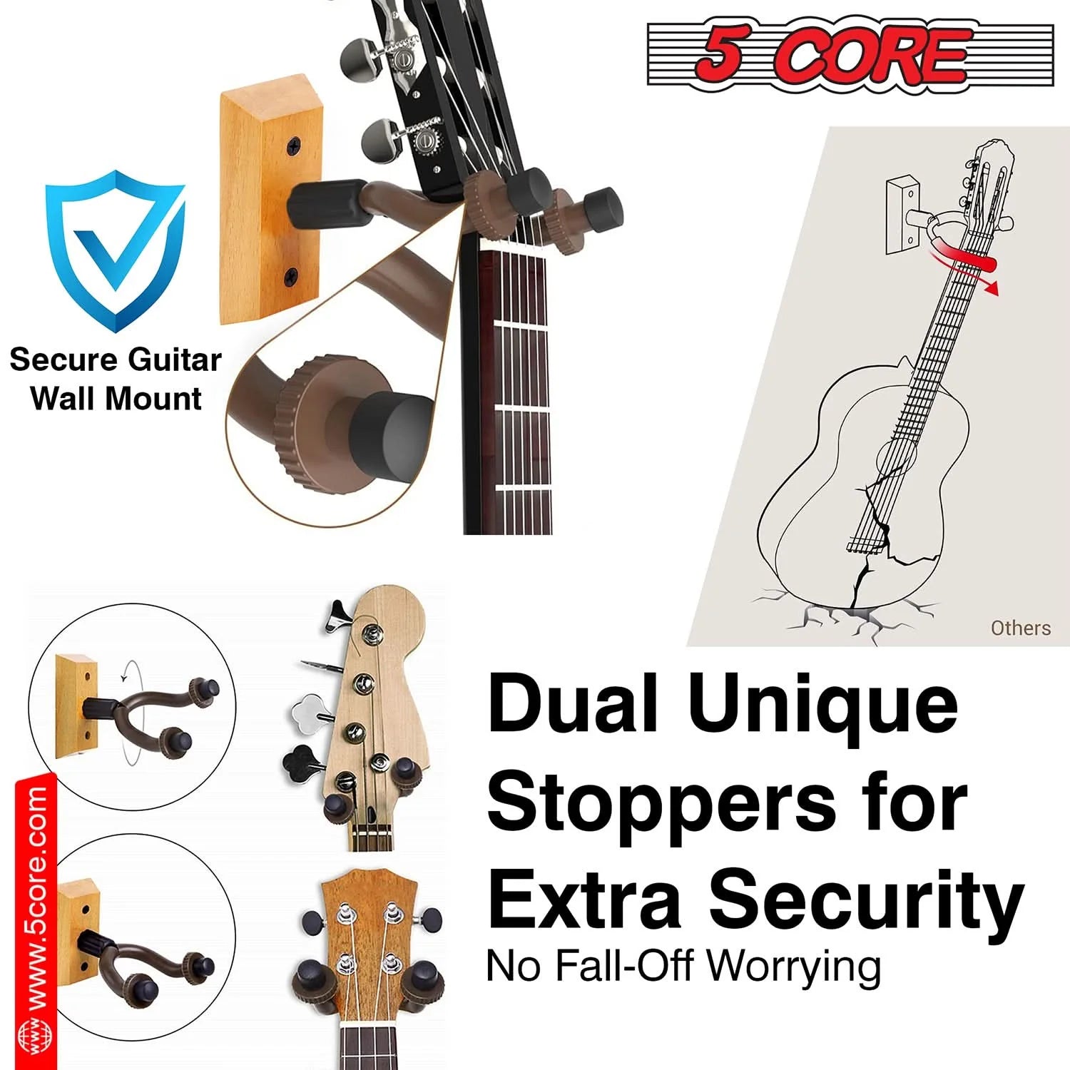 5Core Guitar Wall Mount Hanger 2Pack U-Shaped Wood Guitar Wall Hook