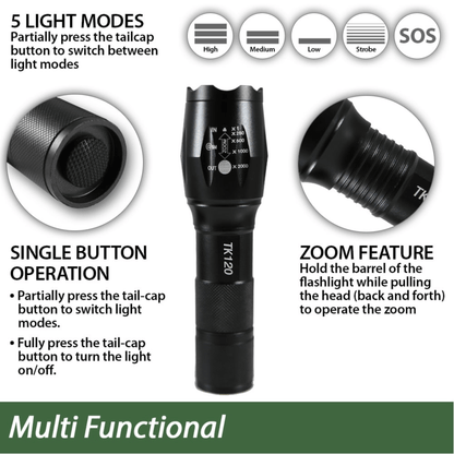 Black Lavender EcoGear FX TK120 LED tactical flashlights with strobe mode, designed for camping, shown in a 2-pack.