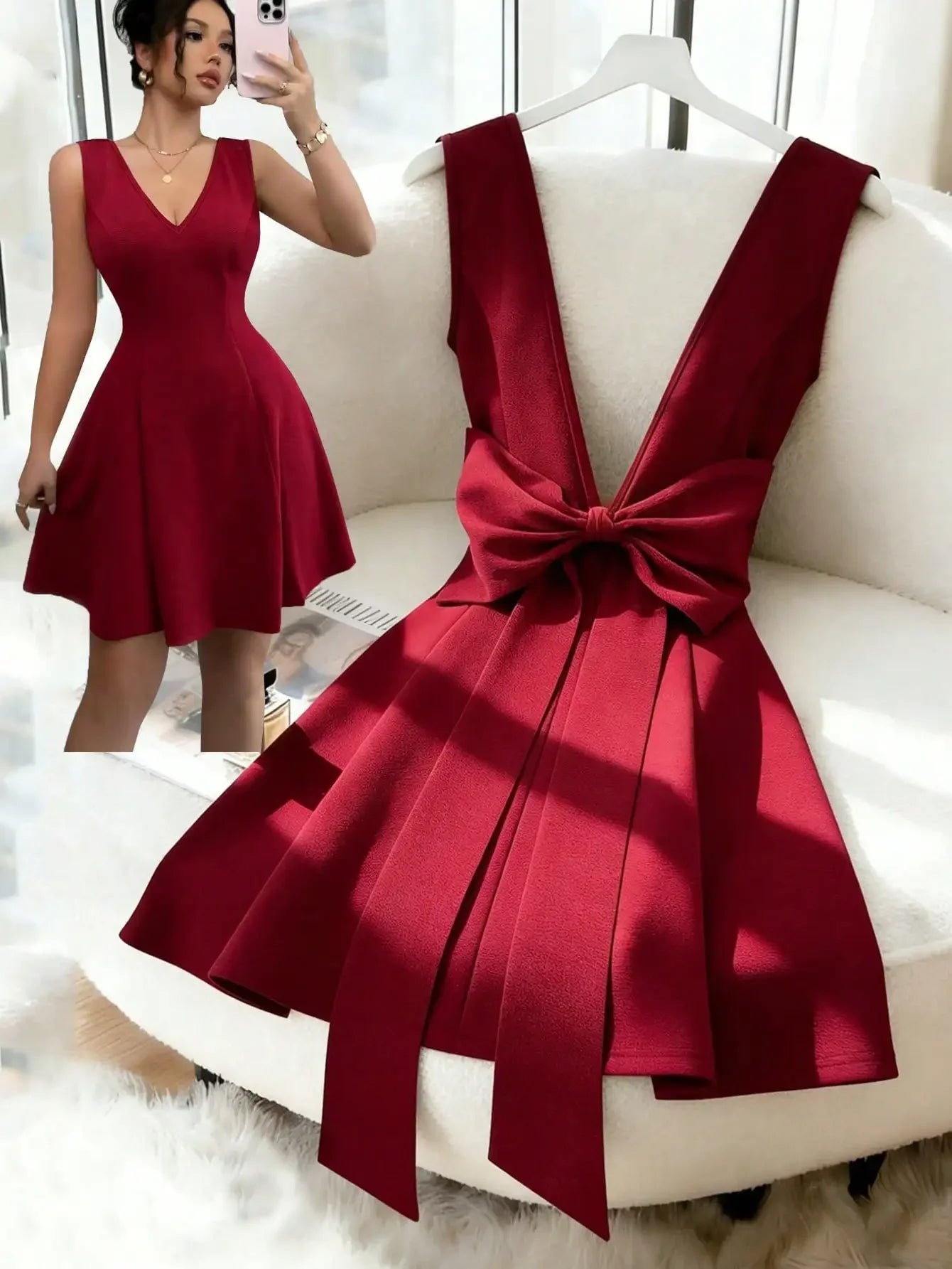 New Elegant Sexy V-Neck Backless Fitted Dress With Bowknot Waist, Burgundy Color, Luxury European Style, Suitable For In
