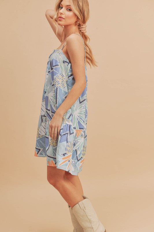 Aemi + Co Printed Ruffled Hem Square Neck Mini Cami Dress