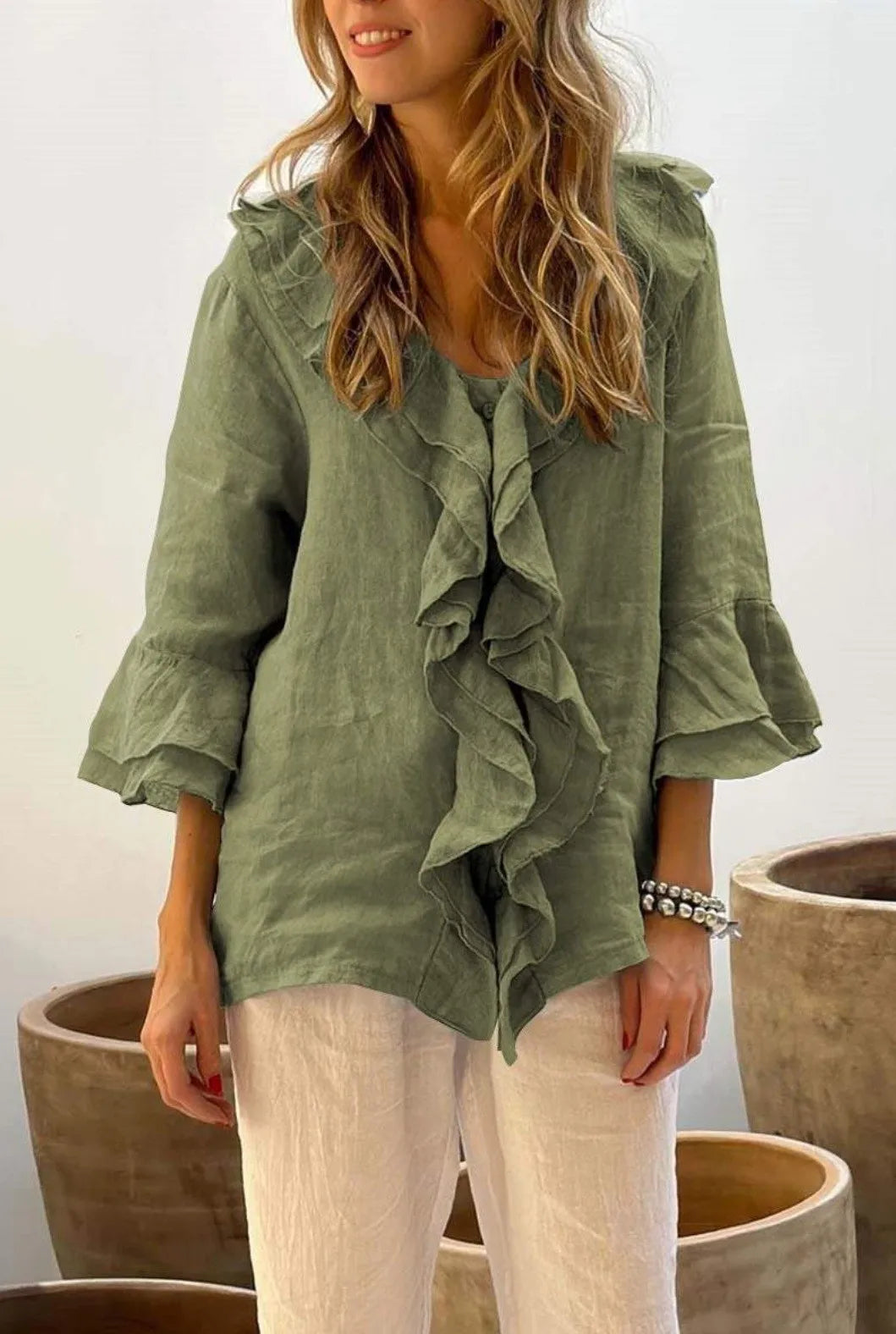 Autumn Women's Clothing Solid Color V Neck Ruffle Trim Button Front Loose Fit Long Sleeve Top For Woman Polyester Casual Blouse