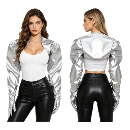 Womens Wet Look PU Leather Cardigan Crop Jacket Puff Loose Long Sleeve Open Front Coat Shrug Shawls with Gloves Party Clubwear