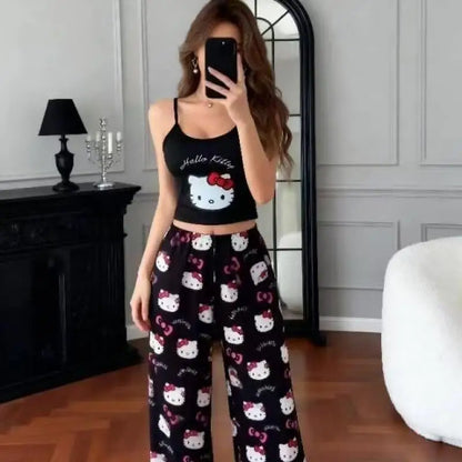 2026 Hot Style Hello Kitty Summer New Women's Black Suspender Pajama Set Comfortable Cartoon Two-Piece Home Clothes Casual Sexy