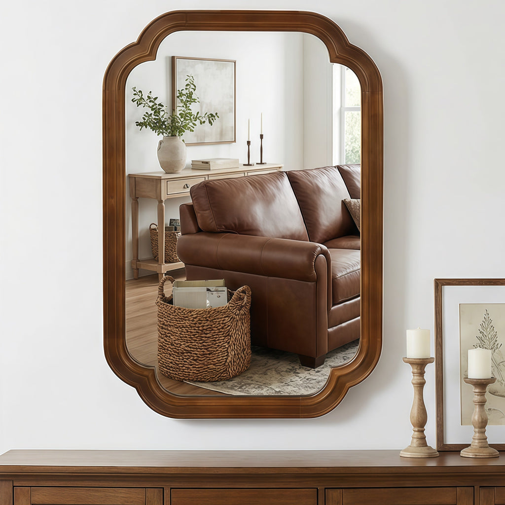 Solid Wood Frame Rounded Corner Decorative Mirror, For Bedroom,