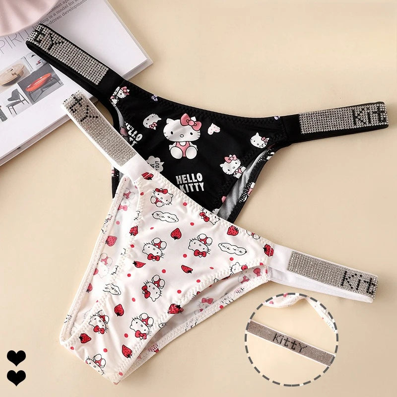 Hello Kitty New Cartoon Strapless Strap-On Bra and Panties Set Low-Waisted T-Pants Rhinestone Letter Panties Cute Sweet Gift