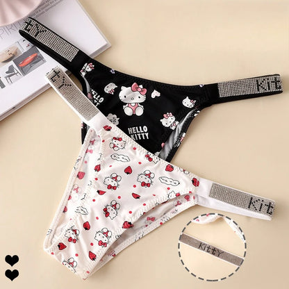 Hello Kitty New Cartoon Strapless Strap-On Bra and Panties Set Low-Waisted T-Pants Rhinestone Letter Panties Cute Sweet Gift