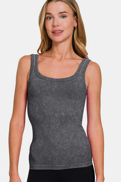 Jade Icarus Zenana Ribbed Scoop Neck Tank top, featuring a fitted design with ribbed fabric and scoop neckline, displayed on a mannequin.