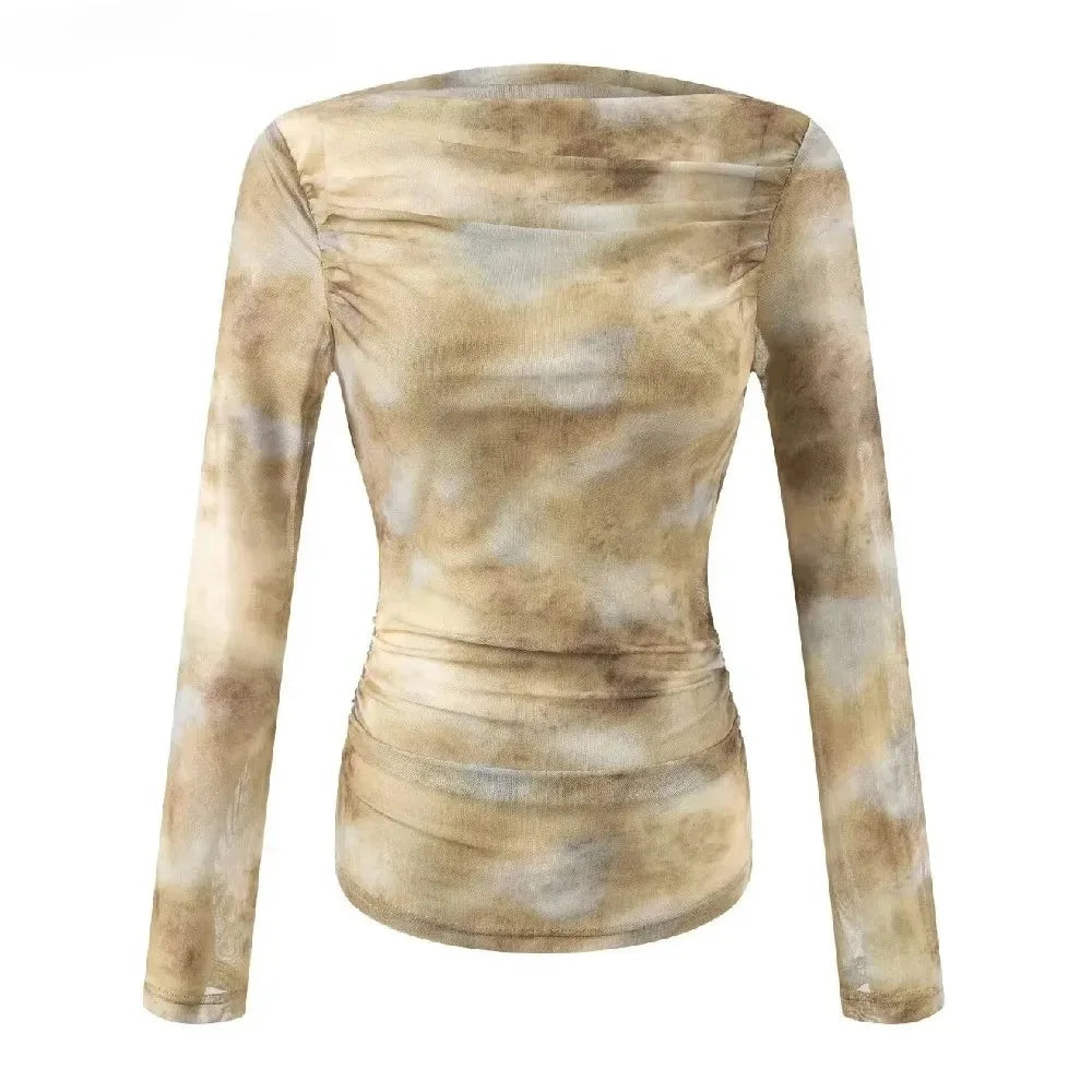 2025 Sexy Tie-Dye Print Ruched Shoulder T-Shirt for Women, Slim Fit Pleated Waist &amp; Full Sleeve Tee (Character Count: 78)